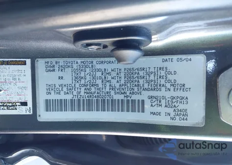 2004 Toyota 4Runner Sr5 Sport V6 из США, поврежденный, VIN JTEZU14R048020701